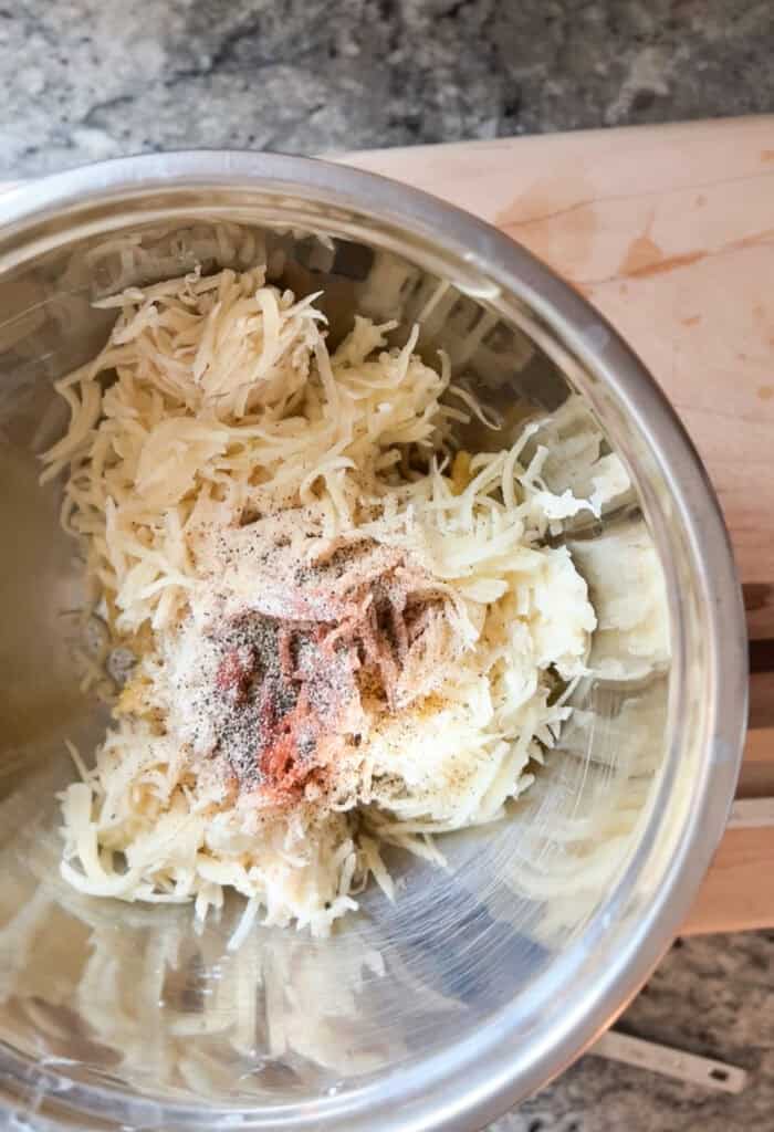 Overhead photo of latke mixture in preparation for frying.
