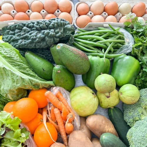 Local, seasonal produce is laid out on a table featuring farm fresh eggs, avocados, green beans, potatoes, assorted citrus and dark leafy greens.