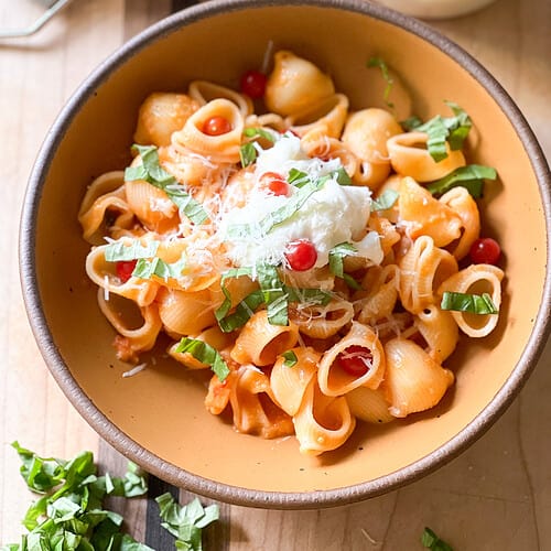 A large bowl is filled with pasta tossed in a roasted garlic tomato sauce garnished with parmesan, fresh tomatoes, and basil.