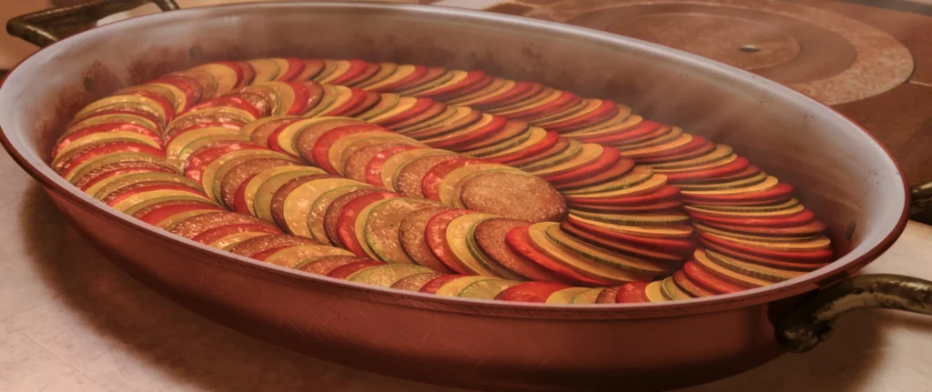 A screen capture shot features the famed ratatouille dish from the film, Ratatouille. 
