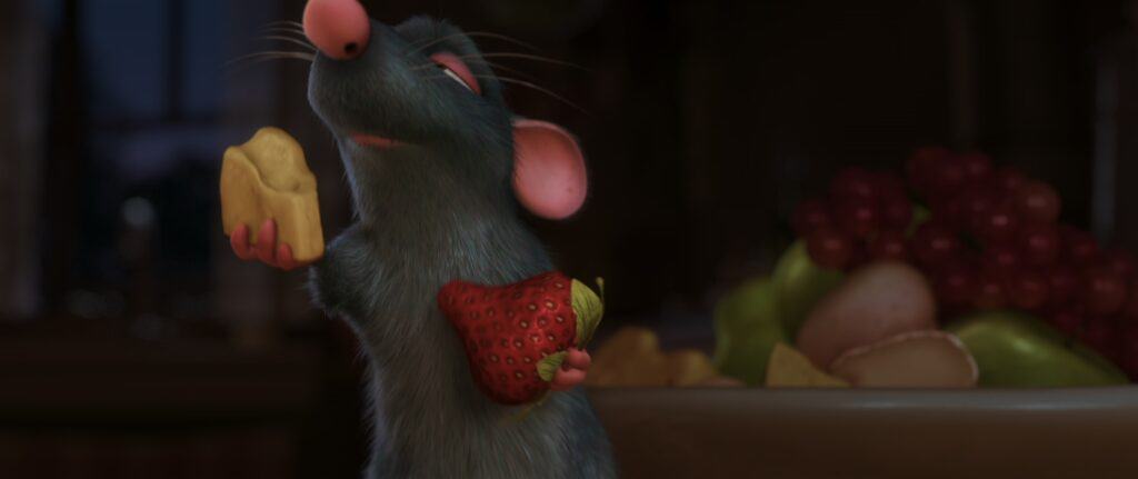 Remy, the main character in Disney's Ratatouille, sniffs a bit of cheese before sampling a taste. 