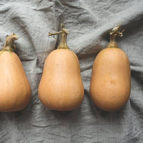 A flatlay image contains 3 honeynut squash lying on a linen cloth.