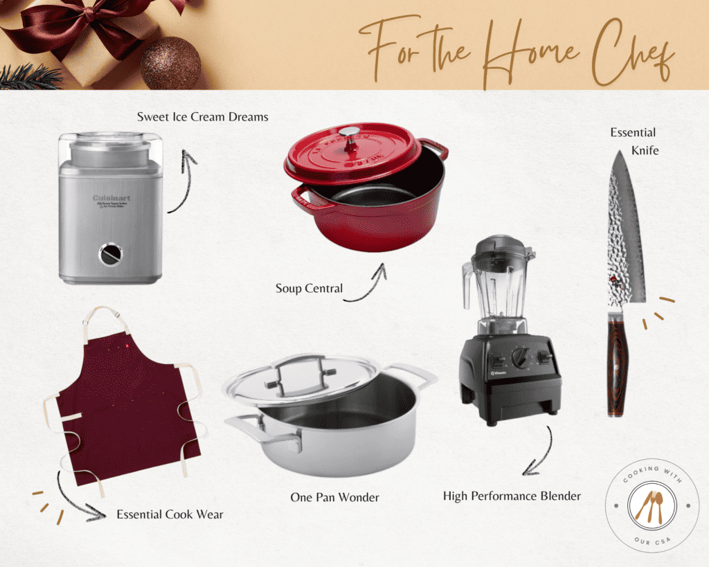 Collage image with the Label: For the Home Chef. Featured products from an ice cream maker to dutch over, a chefs knife and sturdy apron.