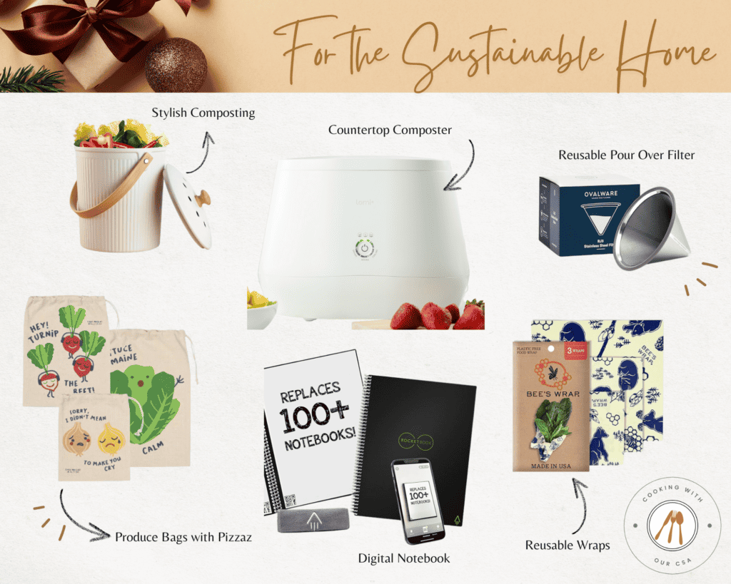 Collage image with text: For the Sustainable Home. Featuring reusable bags, a countertop composter, and reusable coffee filter.