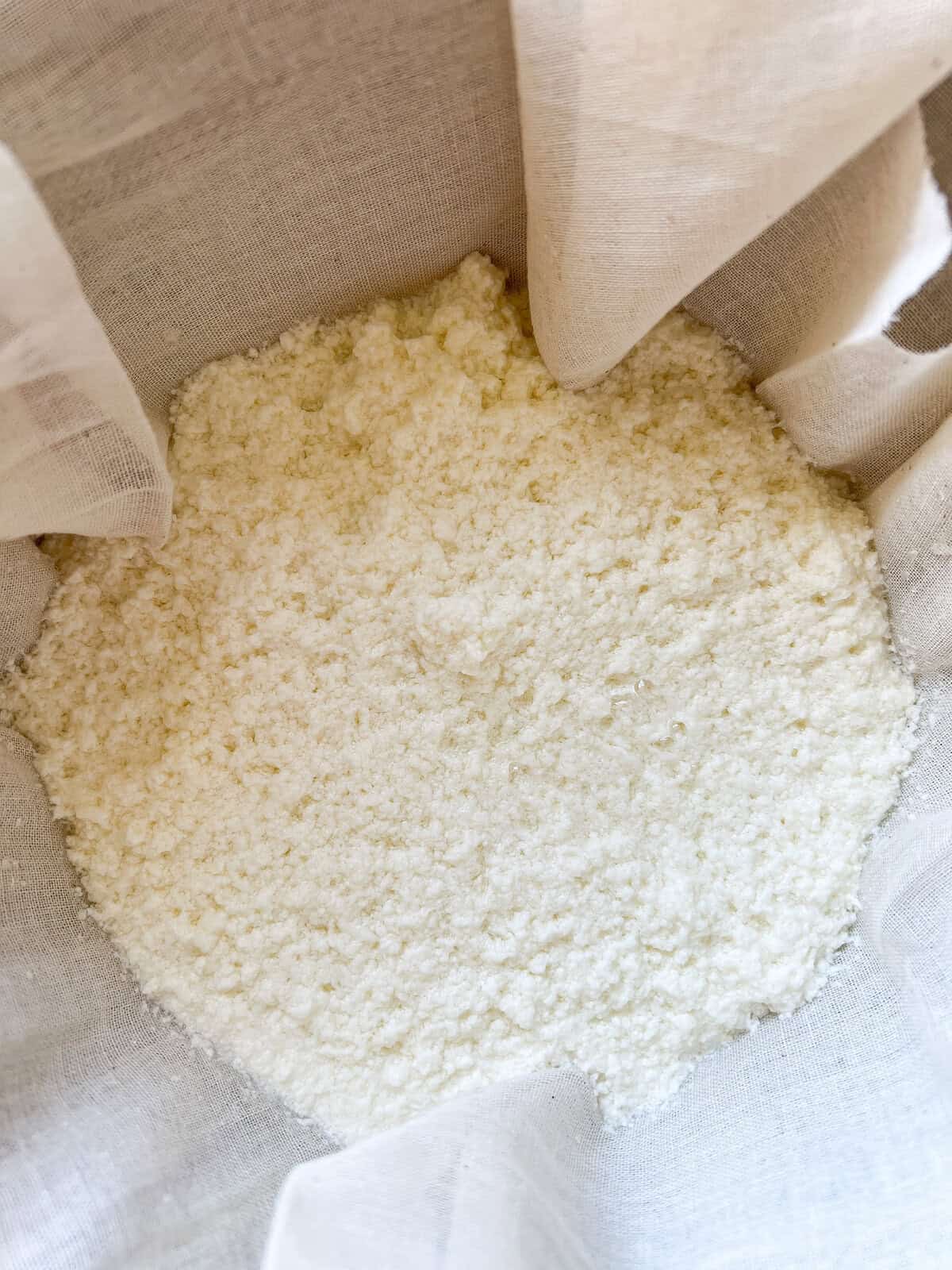 Homemade cottage cheese poured into a strainer. 