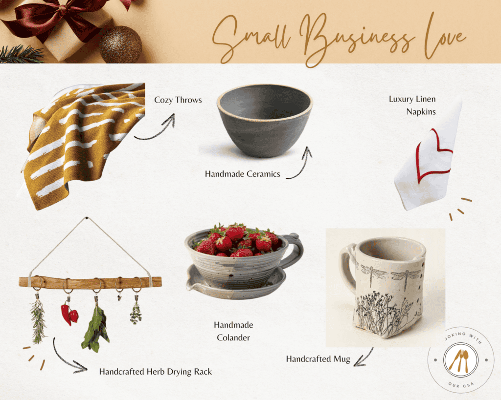 Collage image with text: Small Business Love. Featuring sustainably made throw blankets, ceramics, and home goods.