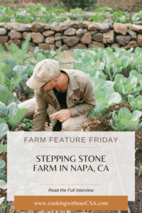 Cover image with Patrick from Stepping Stone Farm kneeling down to check on crops for Farm Feature Friday. Text overlay reads: Farm Feature Friday: Stepping Stone Farm in Napa, CA.