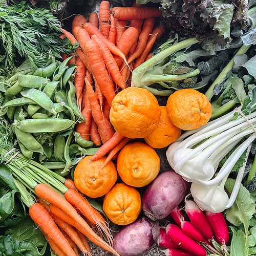 Flatlay photo of late springtime produce for Dinner Plans Week 21 featuring carrots, Gold Oak Mandarins, kholrabi, spinach, leafy greens, radishes, and snow peas.