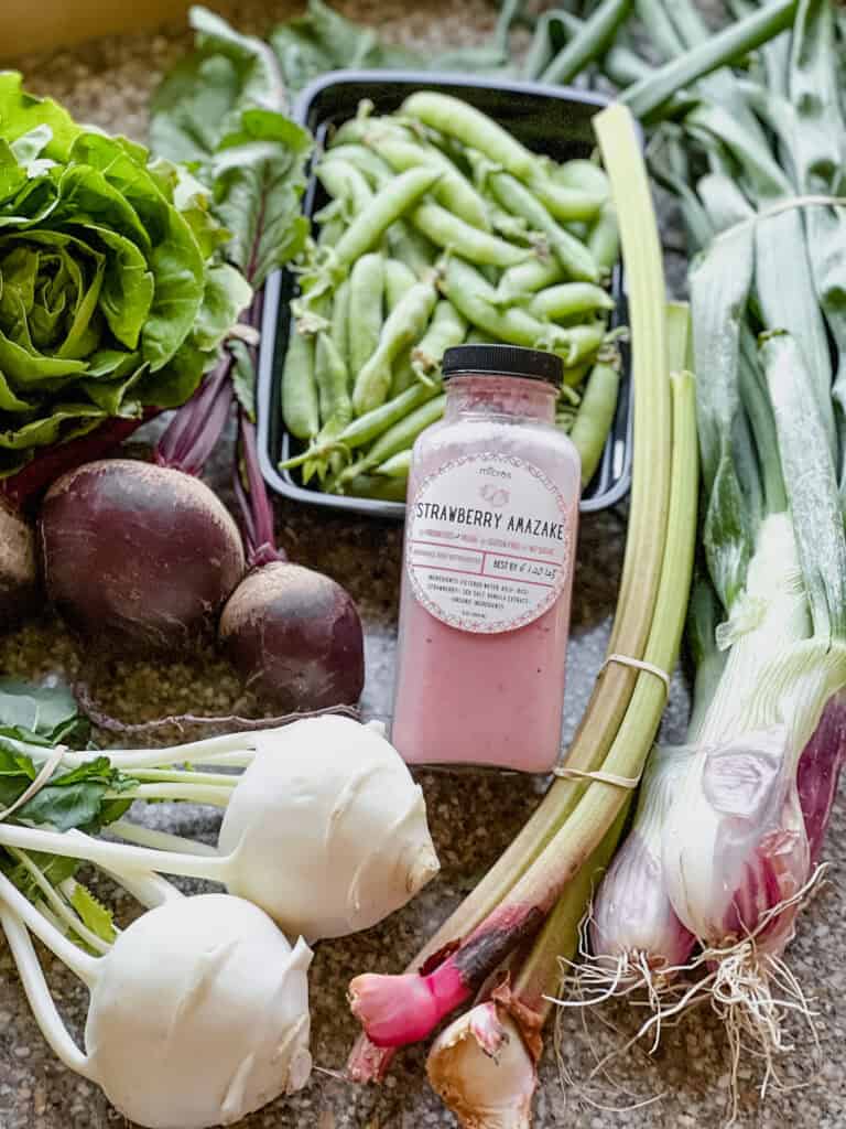 Flatlay photo of early summer produce for Dinner Plans Week 25 featuring red beets, kohlrabi, rhubarb, sugar snap peas, and torpedo onions.