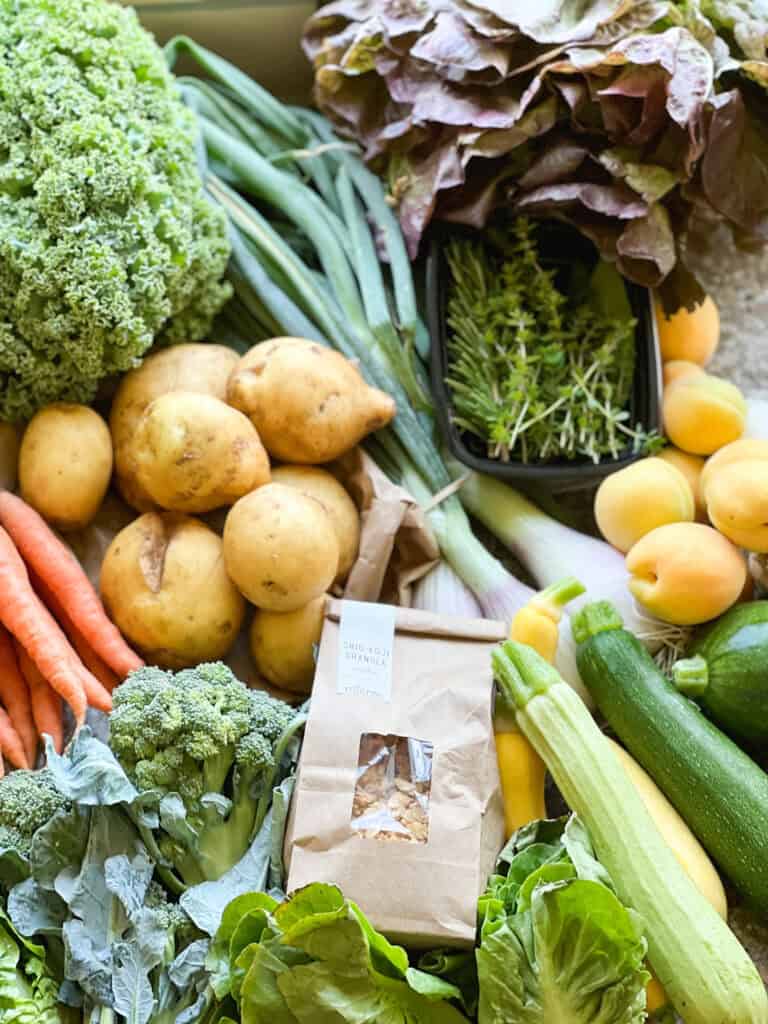 Flatlay photo displaying early summer produce for Dinner Plans Week 26 featuring carrots, new potatoes, kale, red torpedo onions, summer squash, apricots, lettuces, and broccoli.