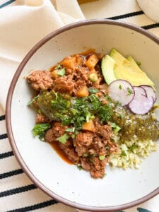 Closeup photo of Grandma's Picadillo Recipe featuring ground lamb and veggies.