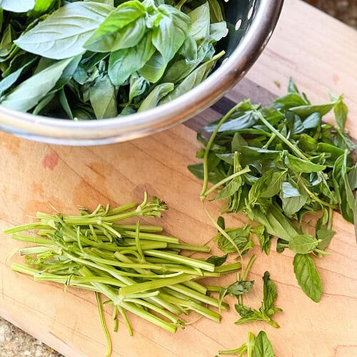 Flatlay photo of the various parts of the basil bunch: stems, leaves, and smaller leaves. The plant has been picked apart for multiple recipes to prep.