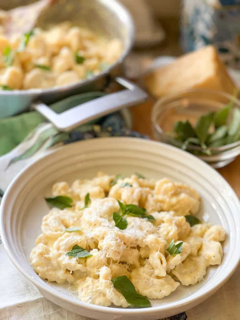 Portrait photo of finished Creamy Corn pasta dish garnish with fresh basil leaves. A generous portion is served in a shallow pasta bowl. 