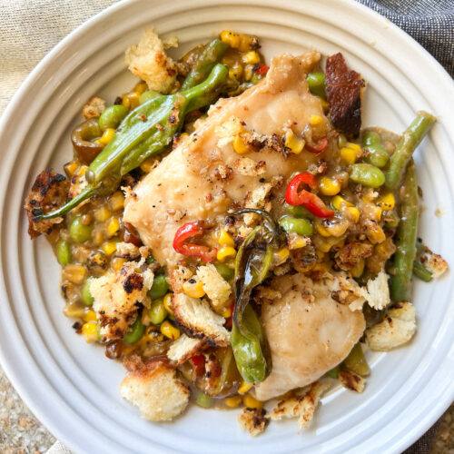 Overhead photo of Pan Grilled Fish and Veggies with Miso Butter Recipe.
