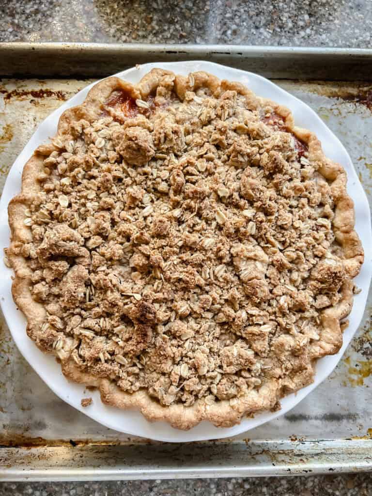 Overhead photo of the finish Vanilla Bourbon Peach Pie post bake.