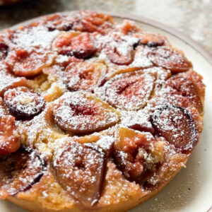 Portrait photo of a the finished fig cake recipe.
