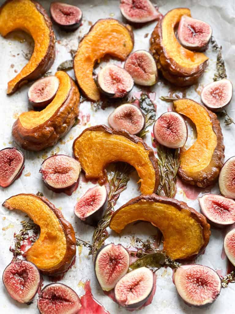 Finished photo of roasted heirloom squash with figs for the Roast Fig Salad with Heirloom Squash Recipe. 