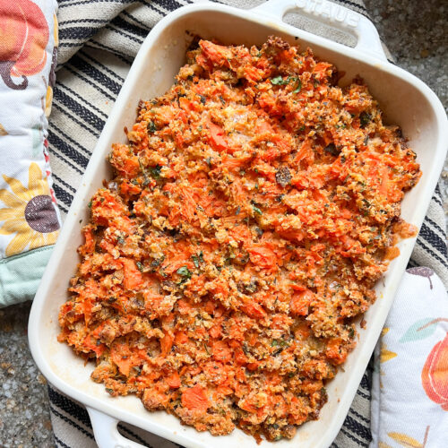 Flatlay photo of the finished Carrots on Parade recipe made from seasoned mashed carrots.