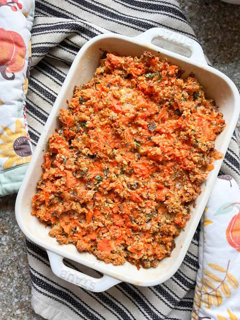 Flatlay photo of the finished Carrots on Parade recipe made from seasoned mashed carrots. 