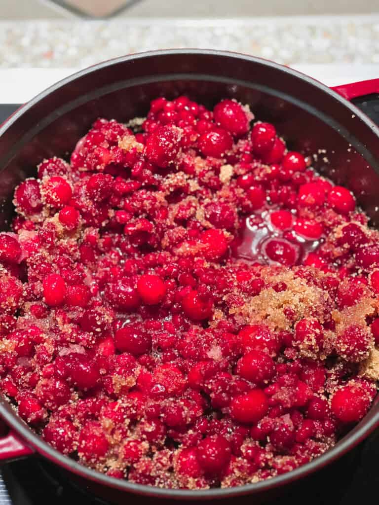Picture of nearly finished Pomegranate Cranberry Sauce with Bourbon Recipe in a large dutch oven. 