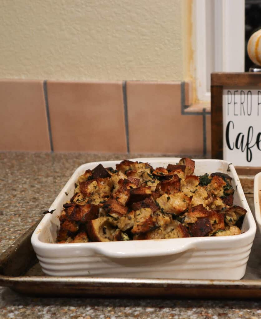 Portrait front image of the Sourdough Stuffing with Mushrooms and Herbs Recipe.