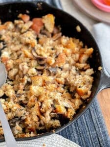 Portrait of the finished Boudin Sourdough Stuffing Recipe with mushrooms and spinach.