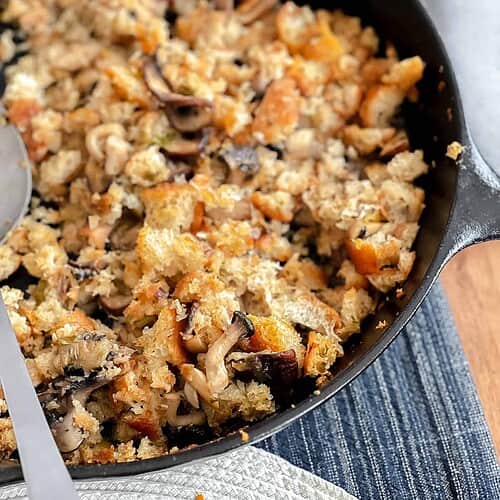 Portrait of the finished Boudin Sourdough Stuffing Recipe with mushrooms and spinach.