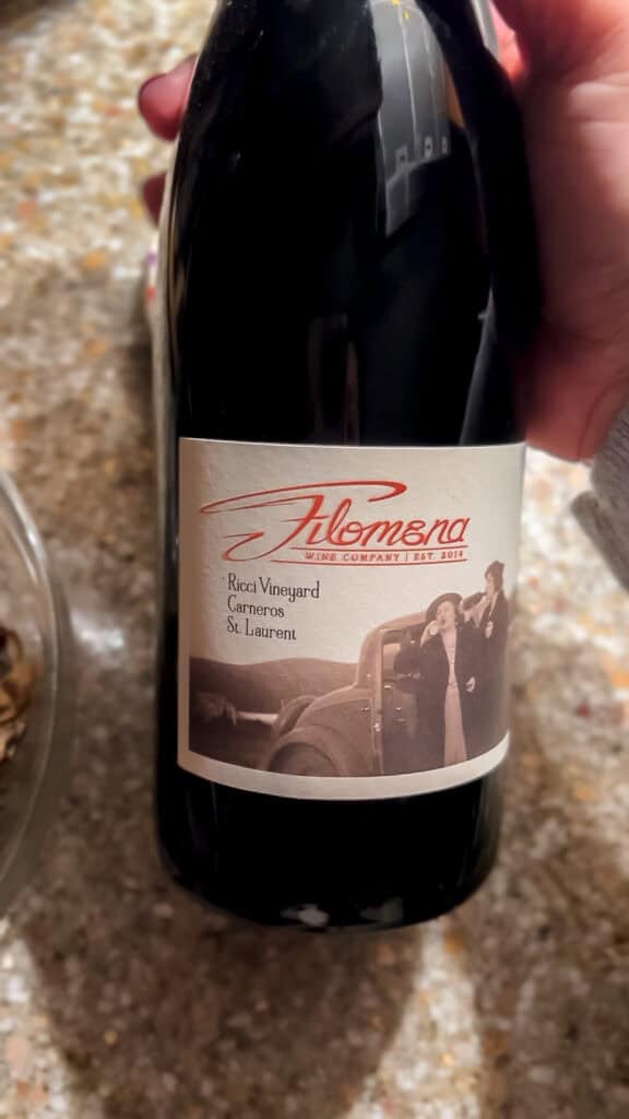 Bottle of Filomena St. Laurent wine as the chosen red wine pairing for the Mushroom Risotto. 