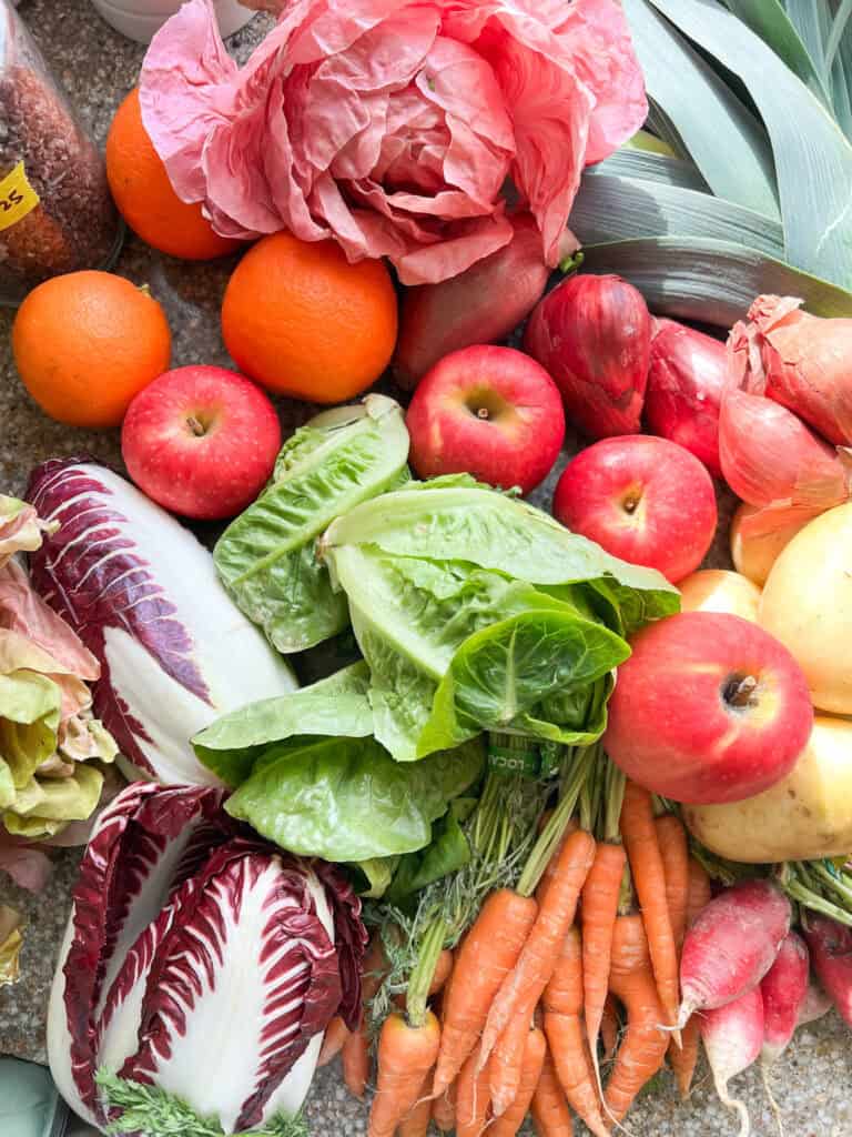 Flatlay photo of seasonal produce for Dinner Plans Week 5 featuring radicchio, carrots, apples, mandarins, leeks, and potatoes.