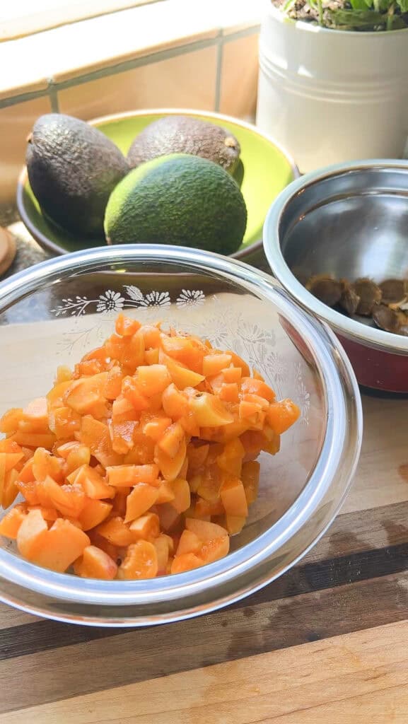 Diced apricots prepped in preparation for the Apricot Mostarda for Crispy Pork Cutlets.